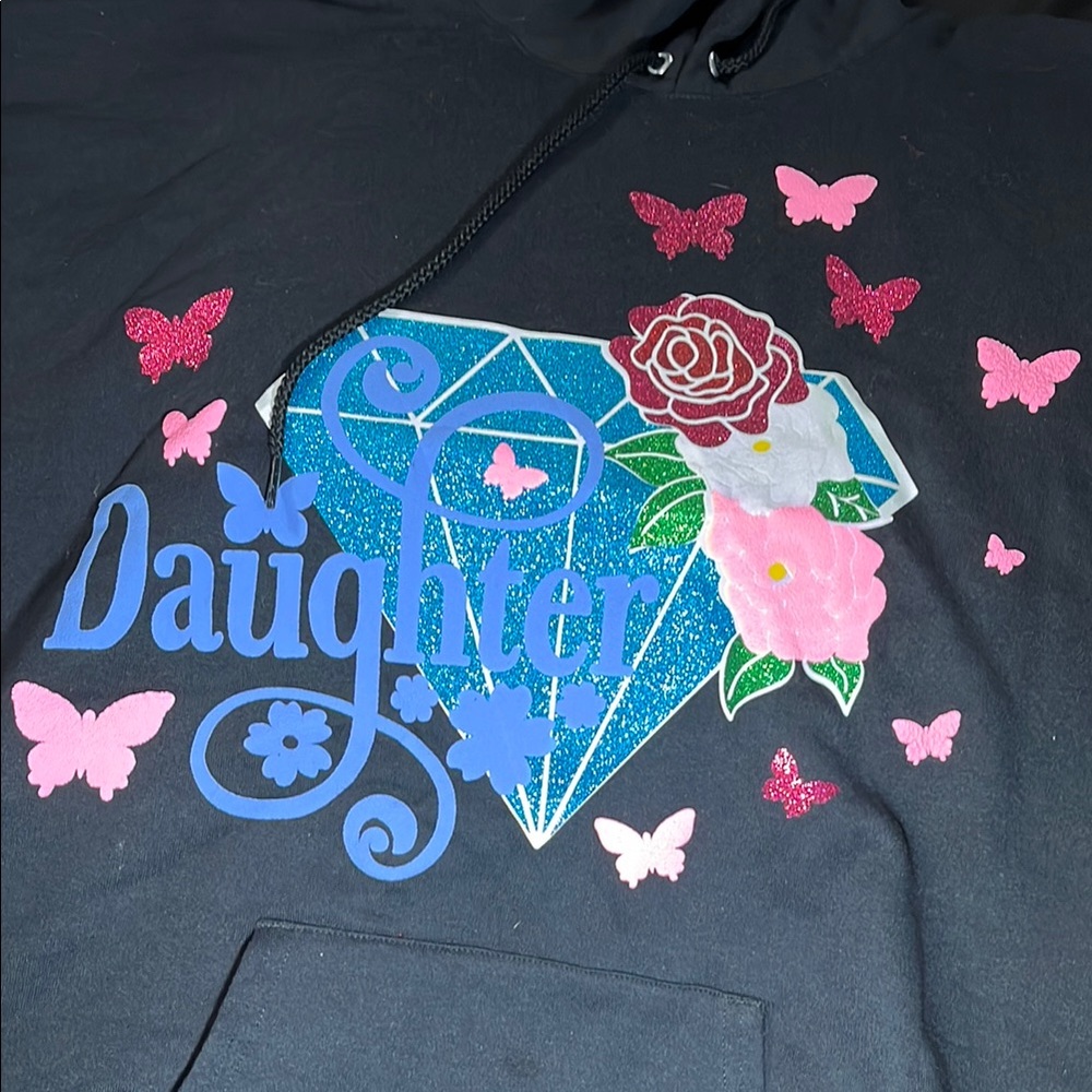 Black Hoodie with Blue Diamond and Pink Butterflies